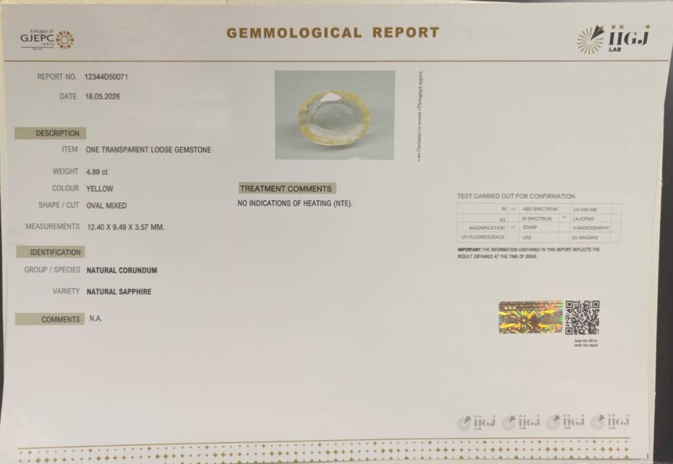 YELLOW SAPPHIRE 4.89 Ct.