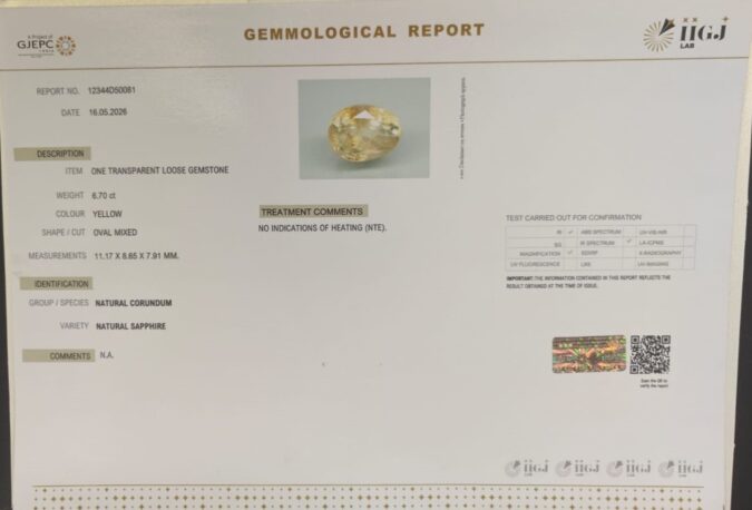 YELLOW SAPPHIRE 6.7 Ct.