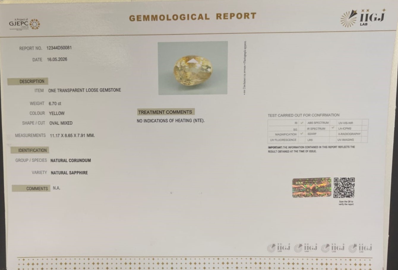YELLOW SAPPHIRE 6.7 Ct.