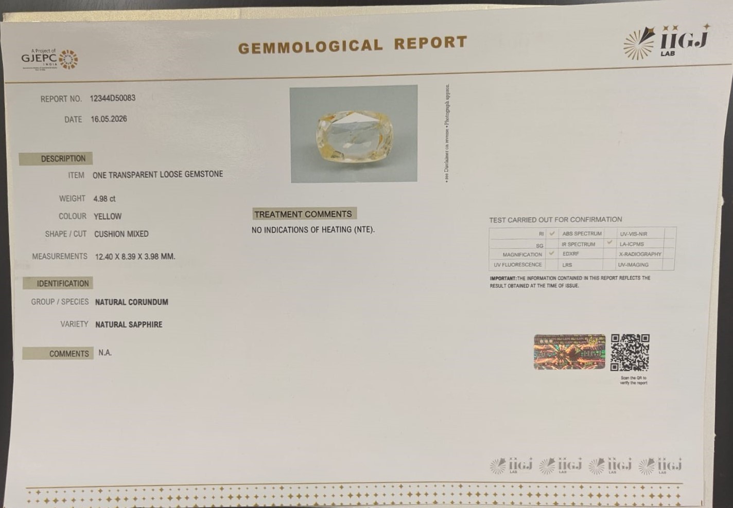 YELLOW SAPPHIRE 4.98 Ct. YELLOW SAPPHIRE 4.98 Ct.