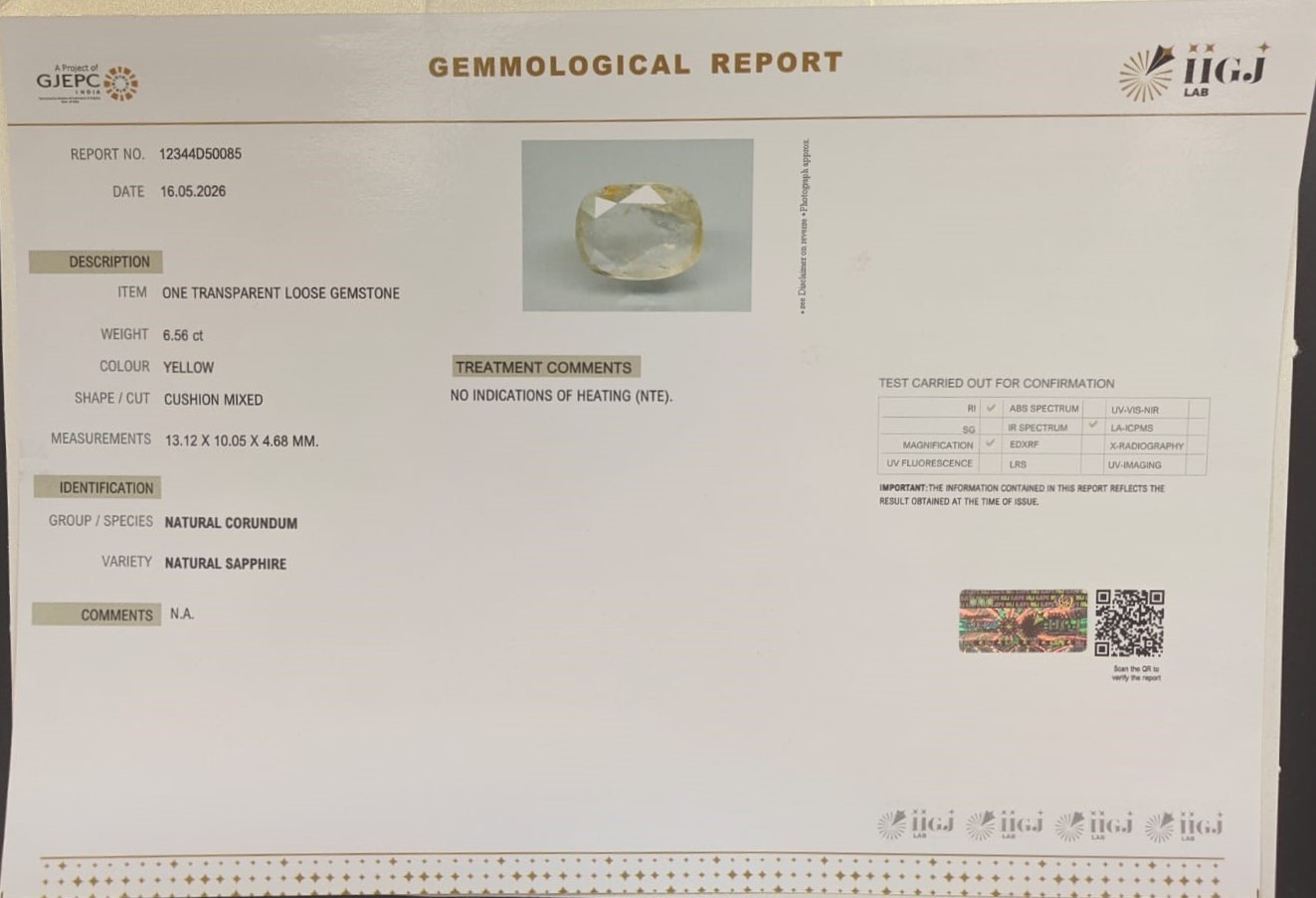 YELLOW SAPPHIRE 6.56 Ct.