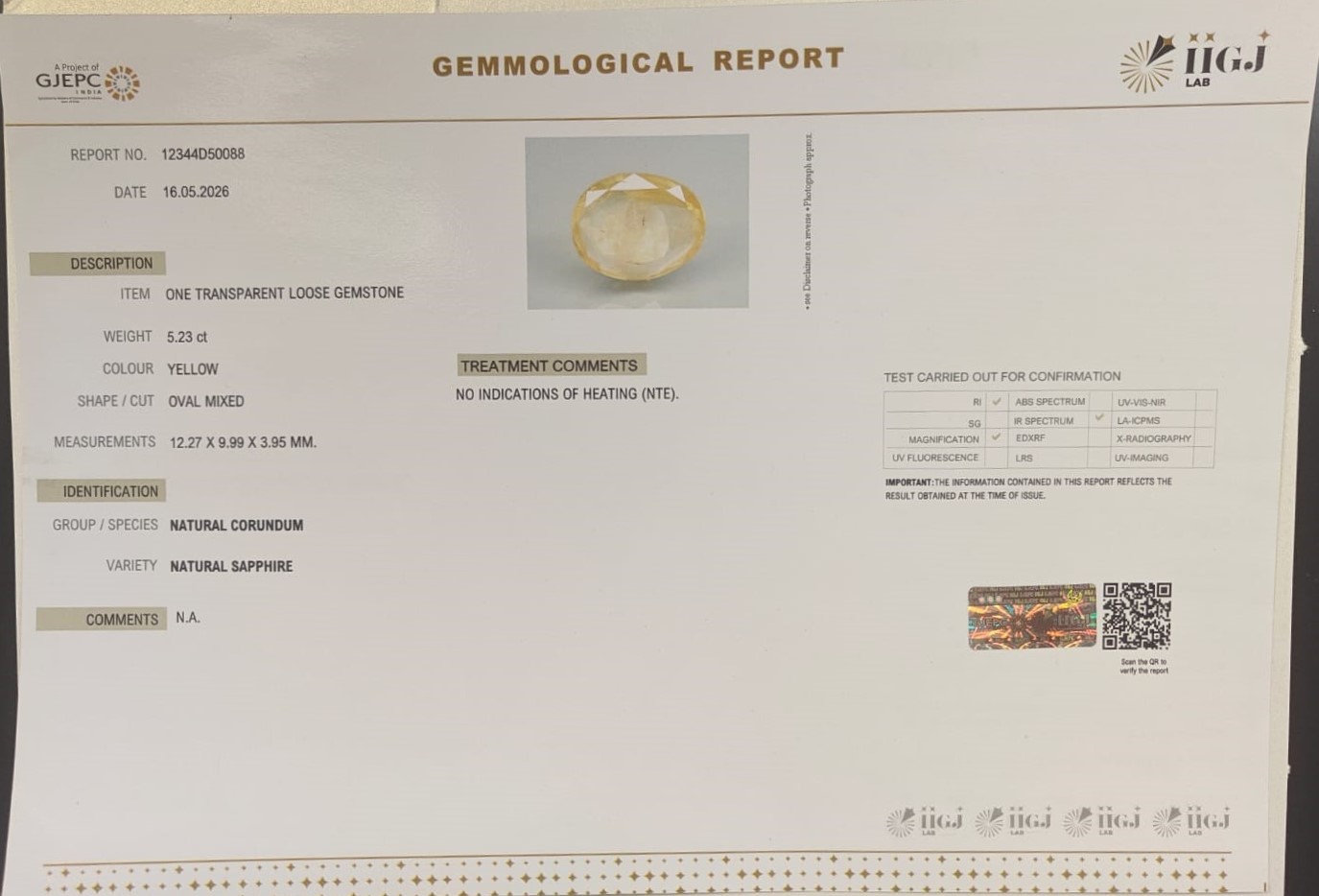 YELLOW SAPPHIRE 5.23 Ct.