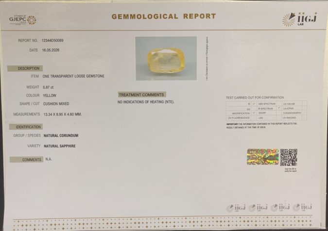 YELLOW SAPPHIRE 5.87 Ct.