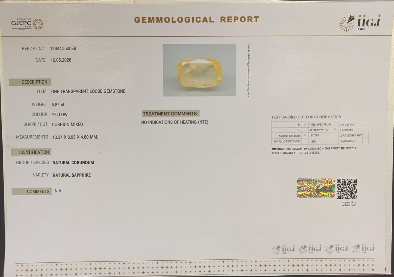 YELLOW SAPPHIRE 5.87 Ct.
