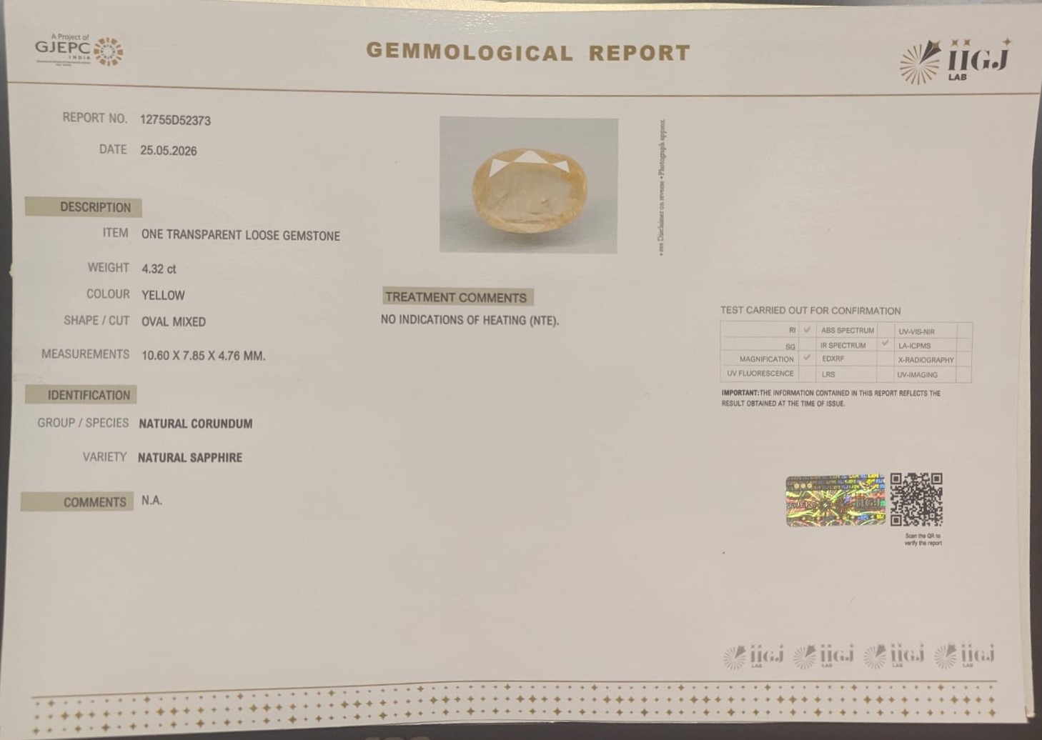 YELLOW SAPPHIRE 4.32 Ct.