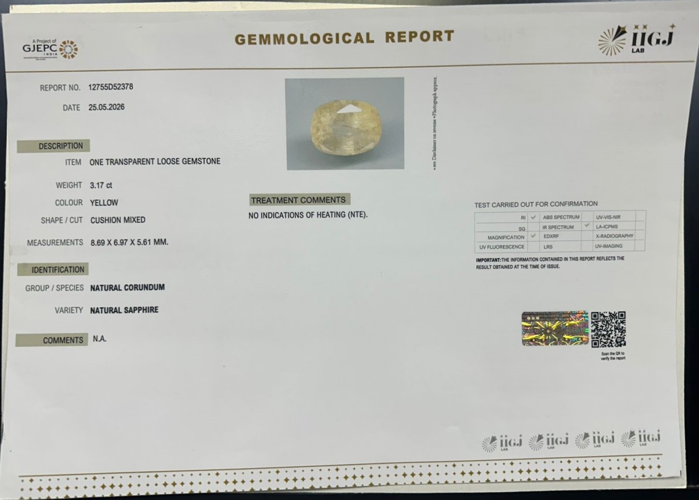 YELLOW SAPPHIRE 3.17 Ct.