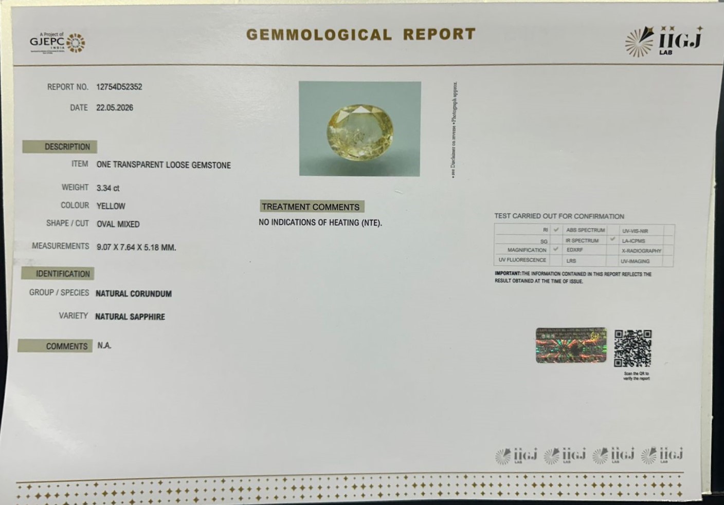 YELLOW SAPPHIRE 3.34 Ct. YELLOW SAPPHIRE 3.34 Ct.