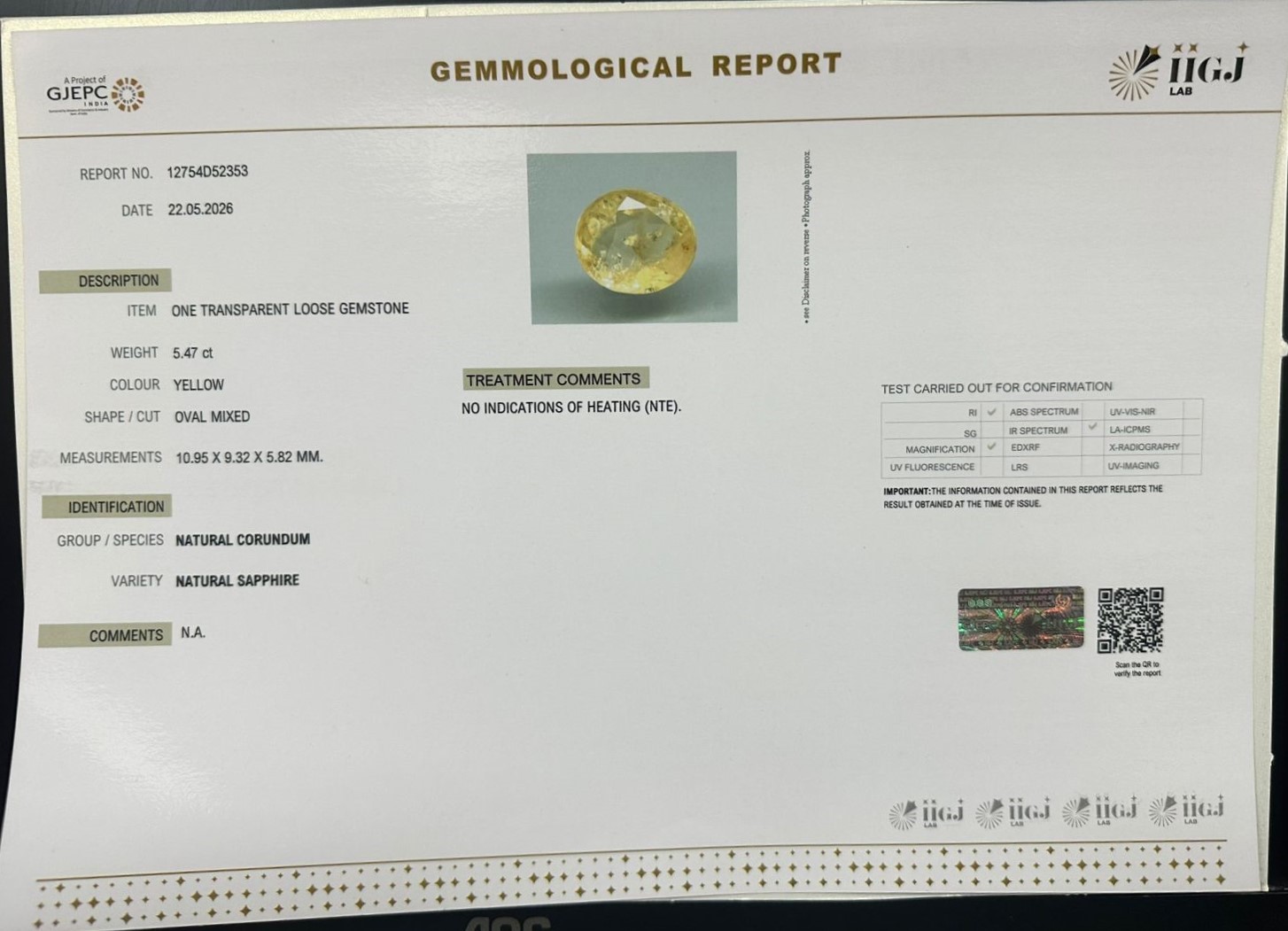 YELLOW SAPPHIRE 5.47 Ct. YELLOW SAPPHIRE 5.47 Ct.