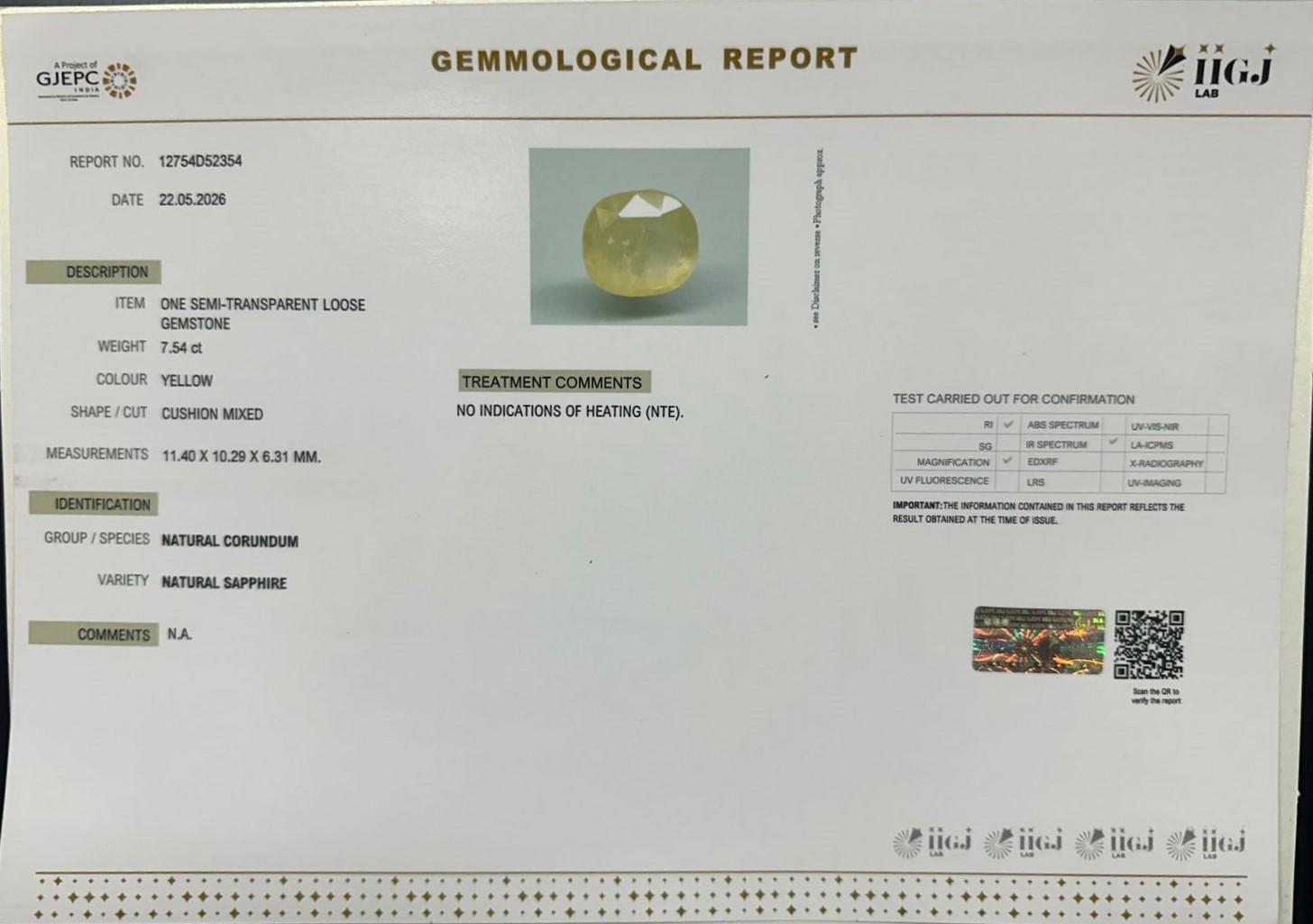 YELLOW SAPPHIRE 7.54 Ct. YELLOW SAPPHIRE 7.54 Ct.