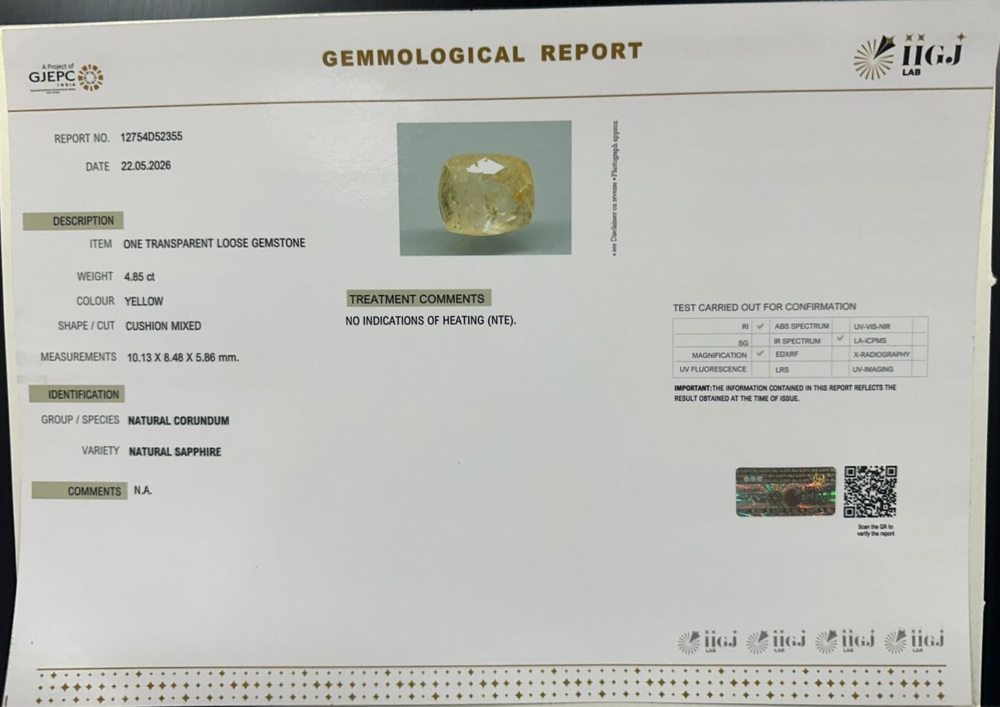 YELLOW SAPPHIRE 4.85 Ct.