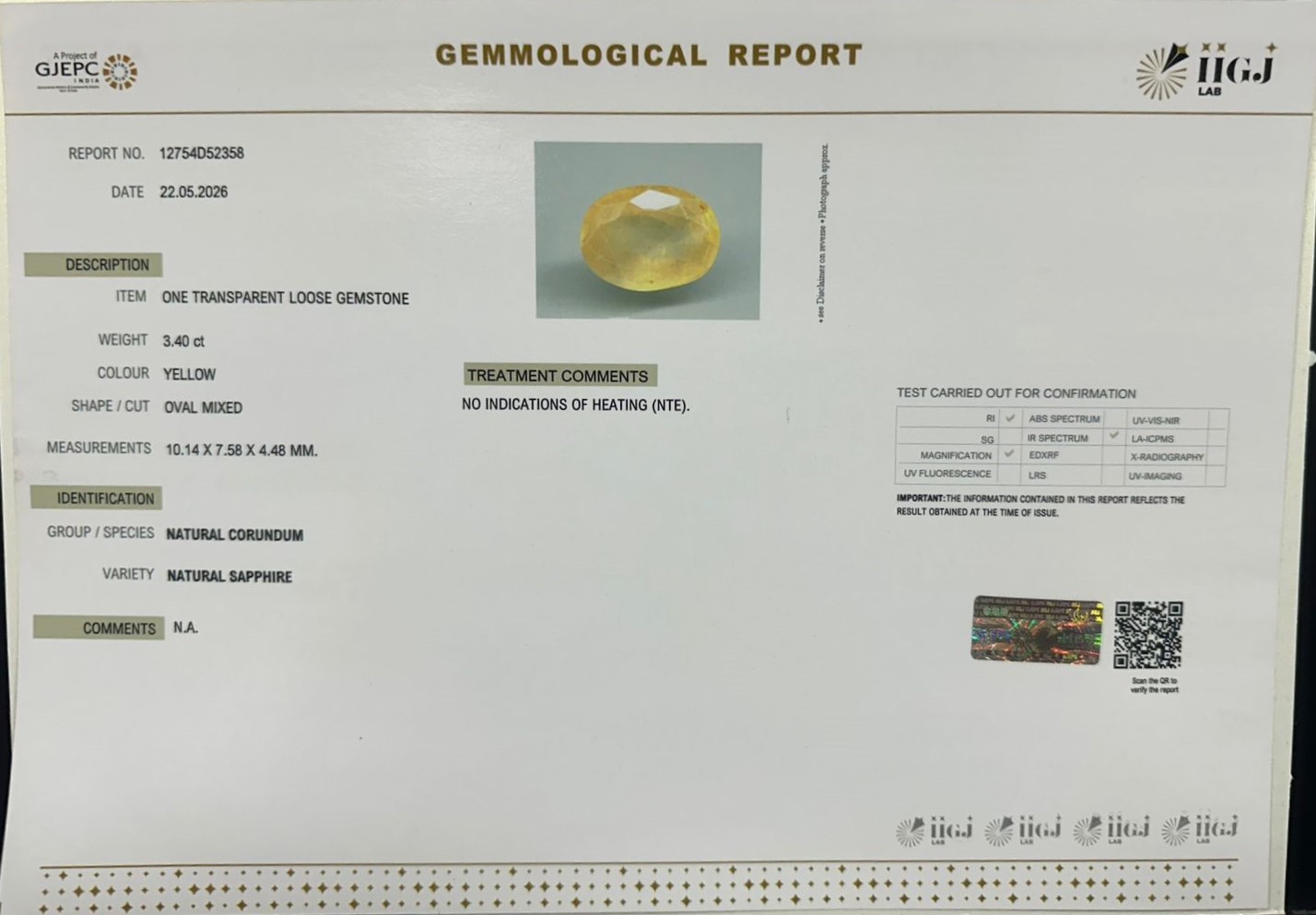 YELLOW SAPPHIRE 3.4 Ct. YELLOW SAPPHIRE 3.4 Ct.