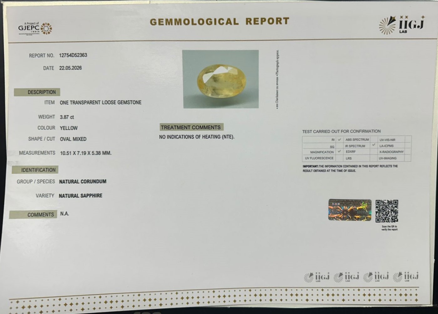 YELLOW SAPPHIRE 3.87 Ct.