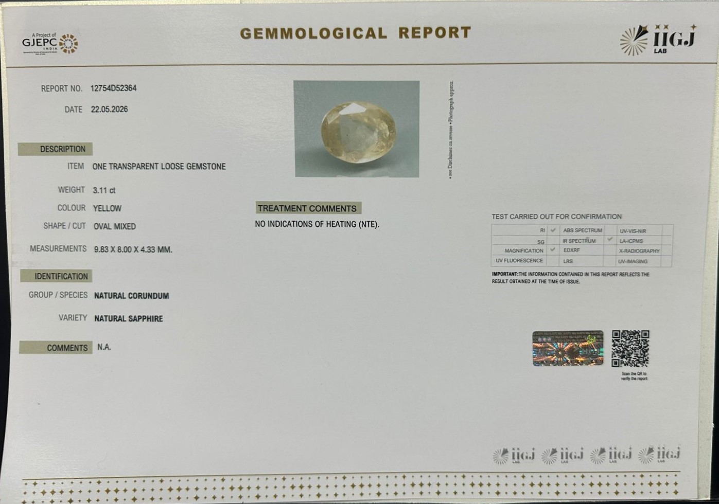 YELLOW SAPPHIRE 3.11 Ct.