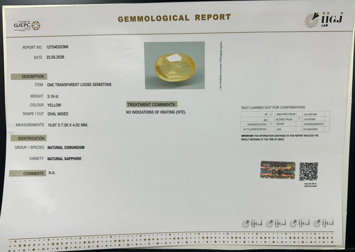 YELLOW SAPPHIRE 3.19 Ct. YELLOW SAPPHIRE 3.19 Ct.
