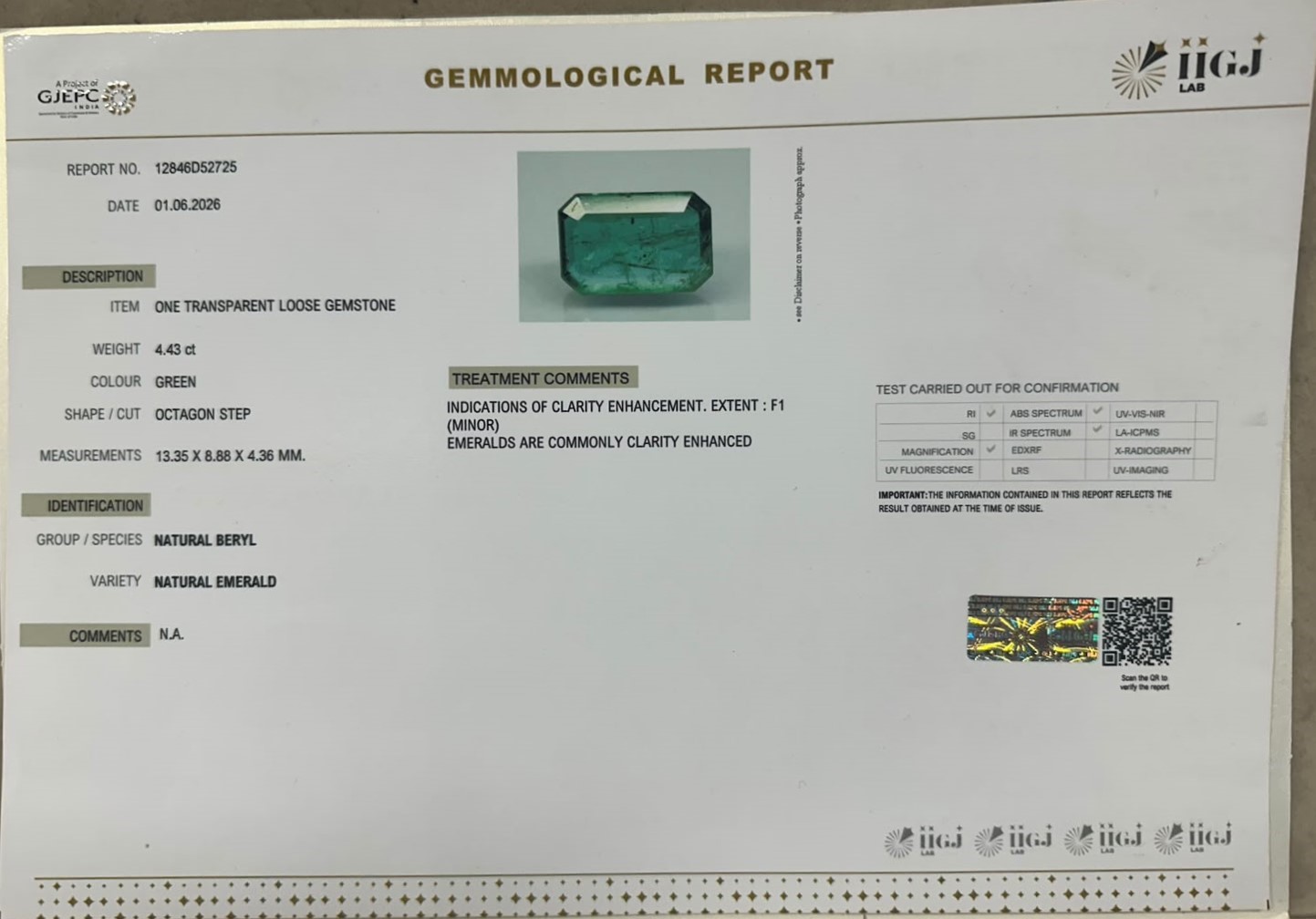 EMERALD 4.43 Ct. EMERALD 4.43 Ct.