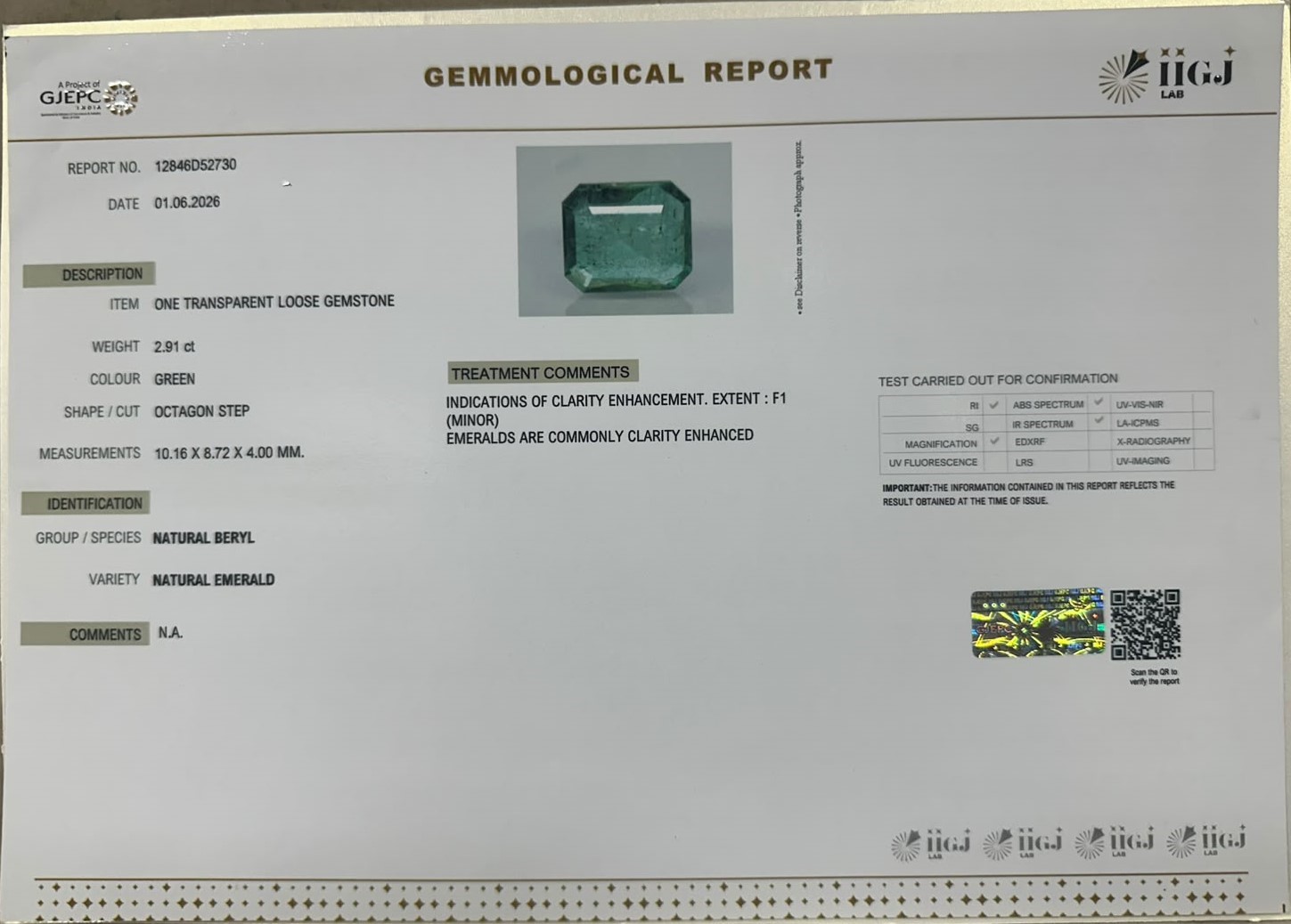 EMERALD 2.91 Ct. EMERALD 2.91 Ct.