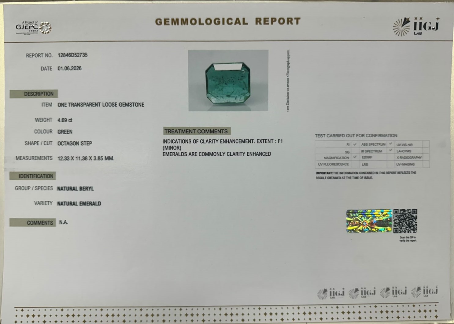 EMERALD 4.69 Ct. EMERALD 4.69 Ct.