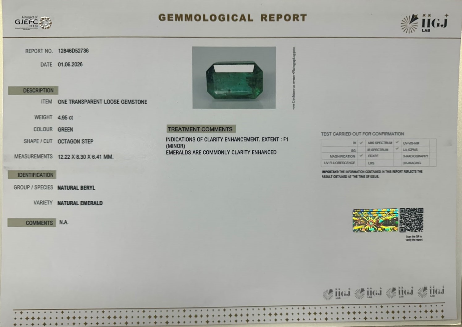 EMERALD 4.95 Ct. EMERALD 4.95 Ct.