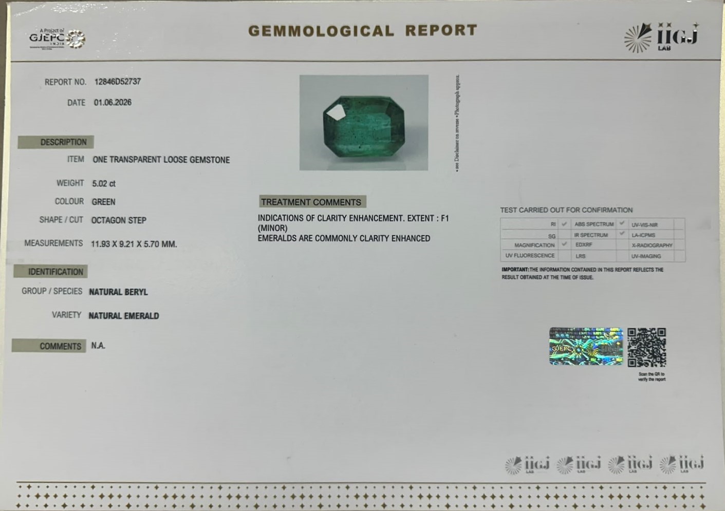 EMERALD 5.02 Ct. EMERALD 5.02 Ct.