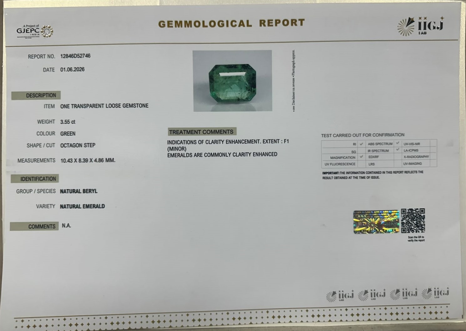 EMERALD 3.55 Ct. EMERALD 3.55 Ct.
