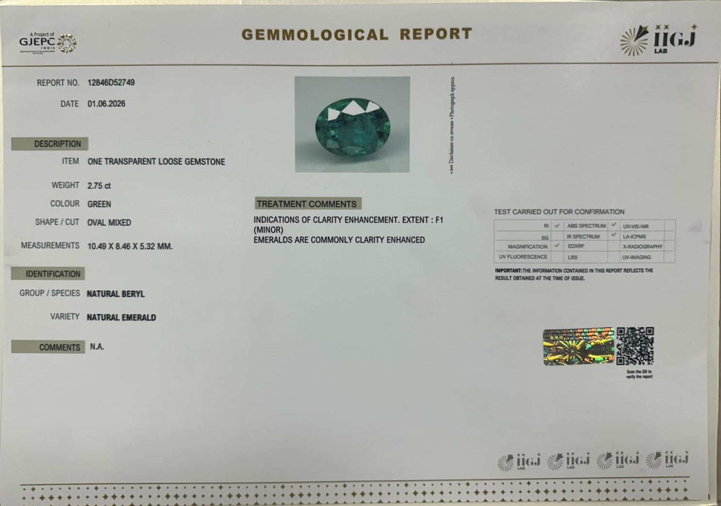 EMERALD 2.75 Ct. EMERALD 2.75 Ct.