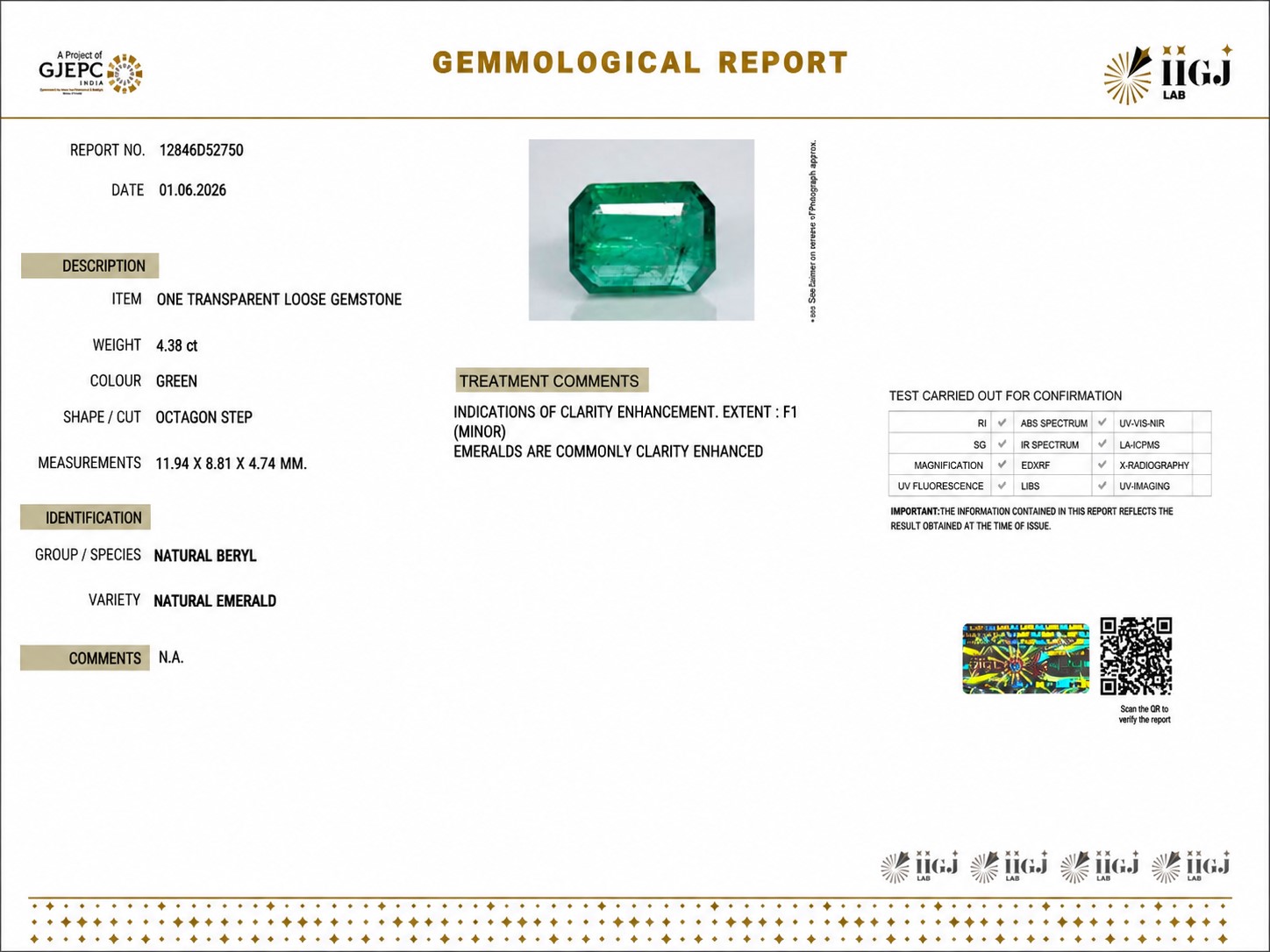 EMERALD 4.38 Ct. EMERALD 4.38 Ct.