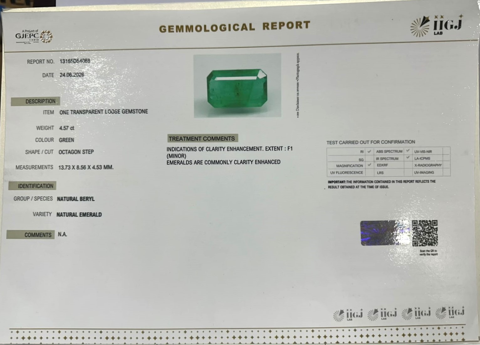 EMERALD 4.57 Ct. EMERALD 4.57 Ct.