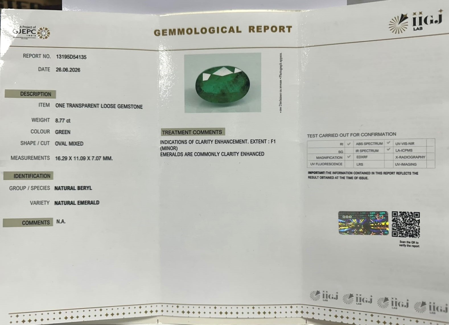 EMERALD 8.77 Ct. EMERALD 8.77 Ct.