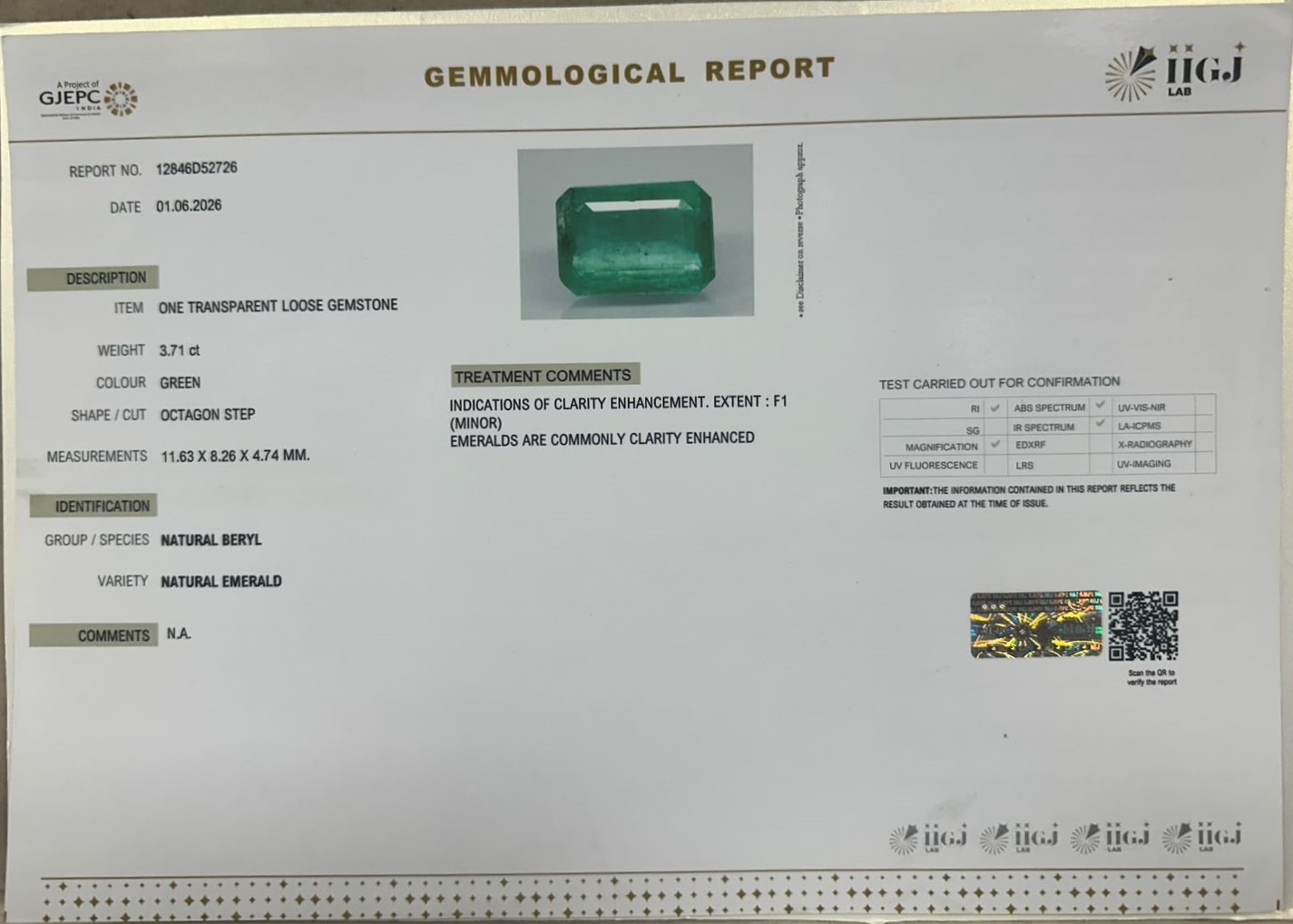 EMERALD 3.71 Ct. EMERALD 3.71 Ct.
