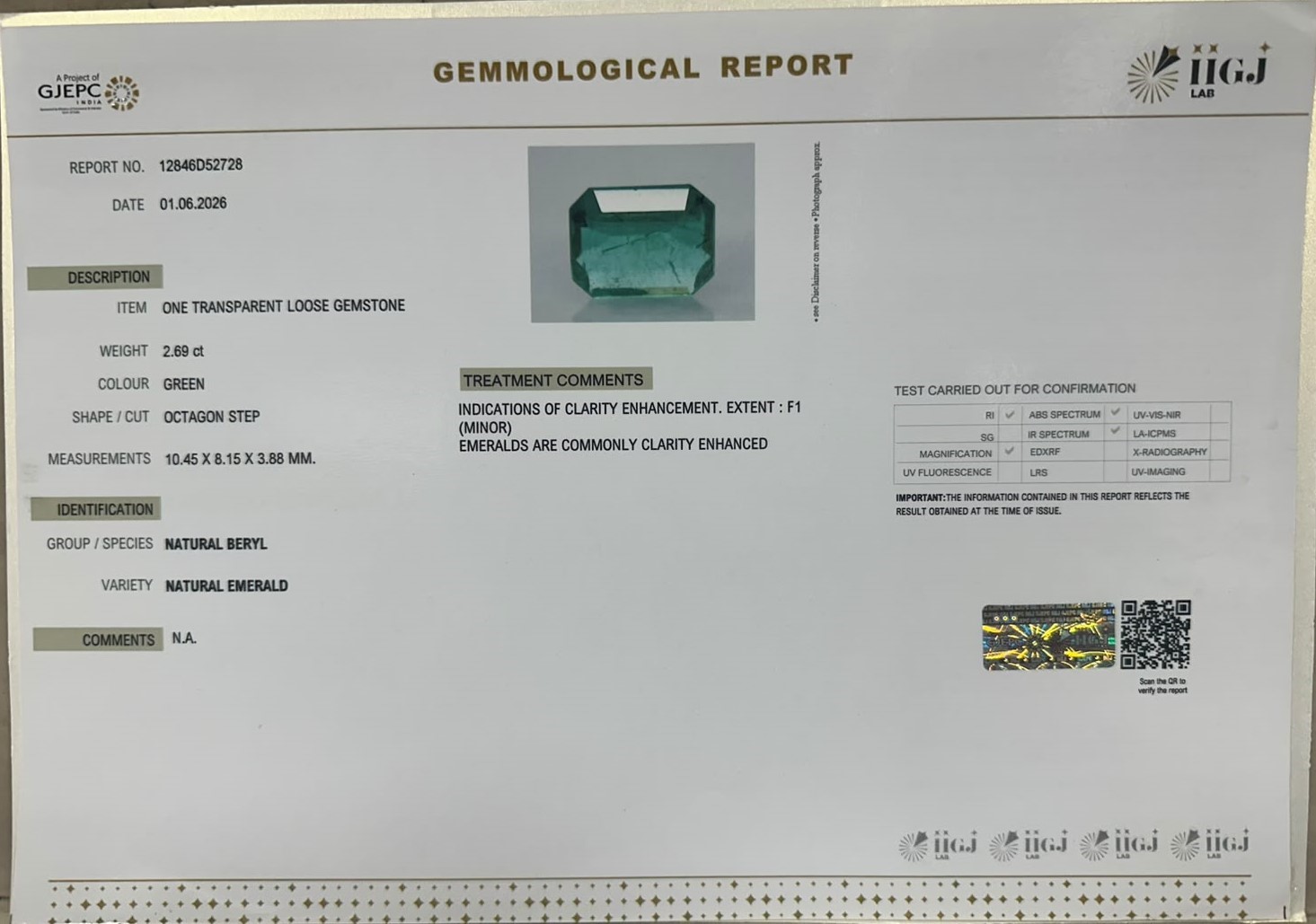 EMERALD 2.69 Ct. EMERALD 2.69 Ct.
