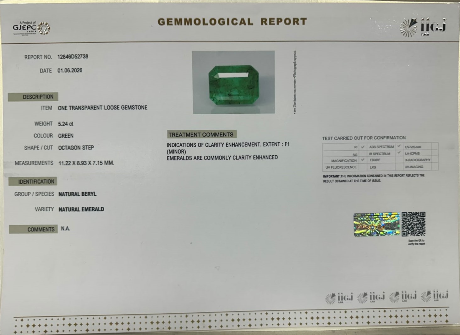 EMERALD 5.24 Ct. EMERALD 5.24 Ct.