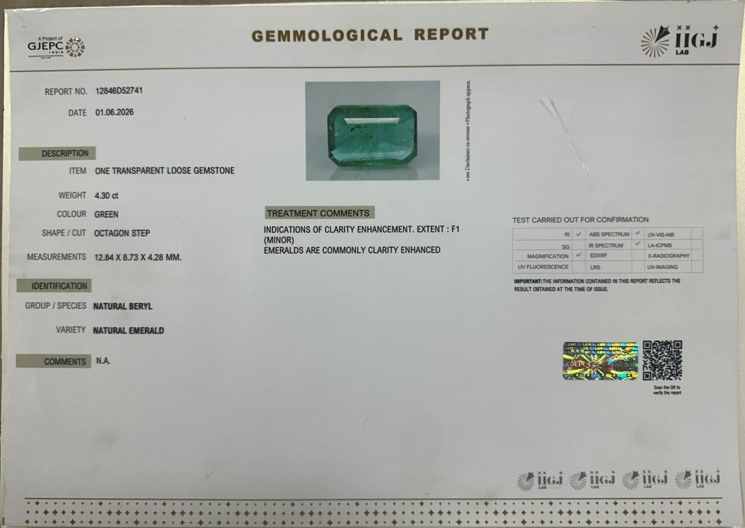 EMERALD 4.3 Ct. EMERALD 4.3 Ct.