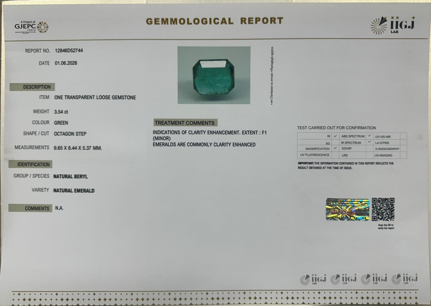 EMERALD 3.54 Ct. EMERALD 3.54 Ct.