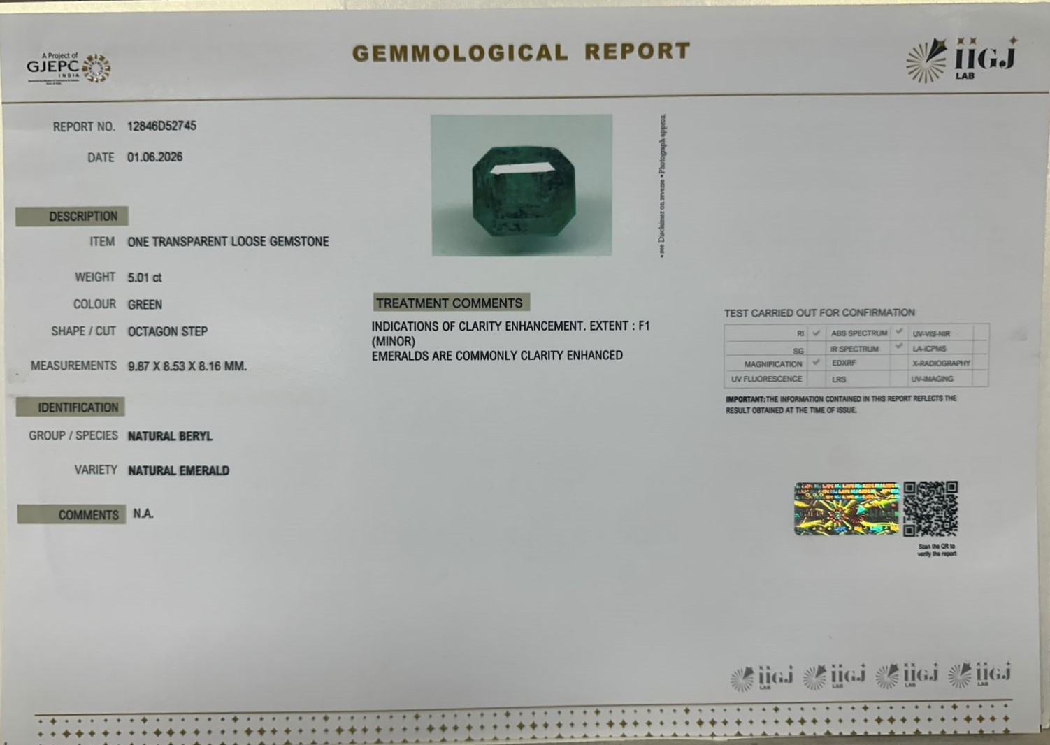 EMERALD 5.01 Ct. EMERALD 5.01 Ct.