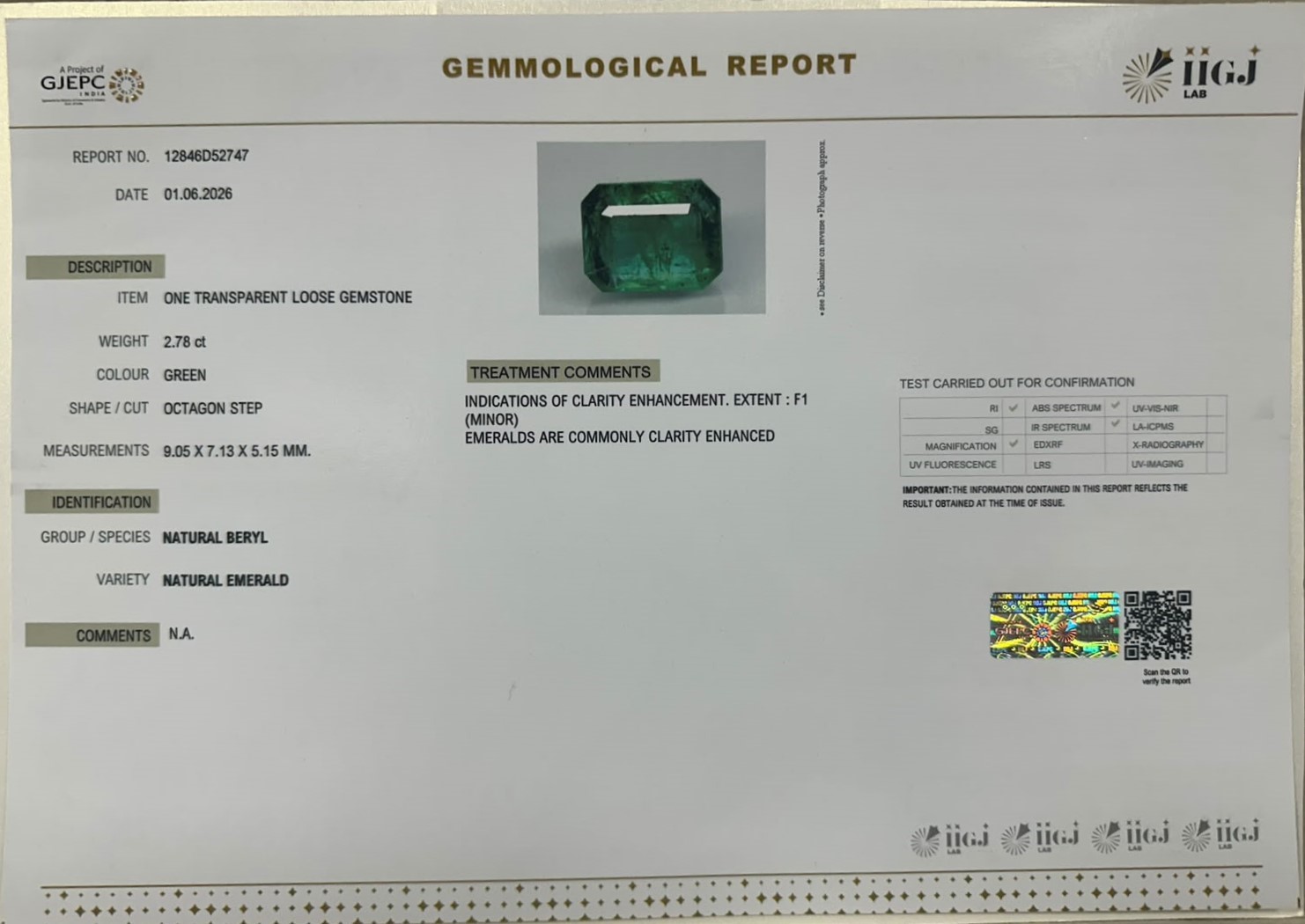 EMERALD 2.78 Ct. EMERALD 2.78 Ct.