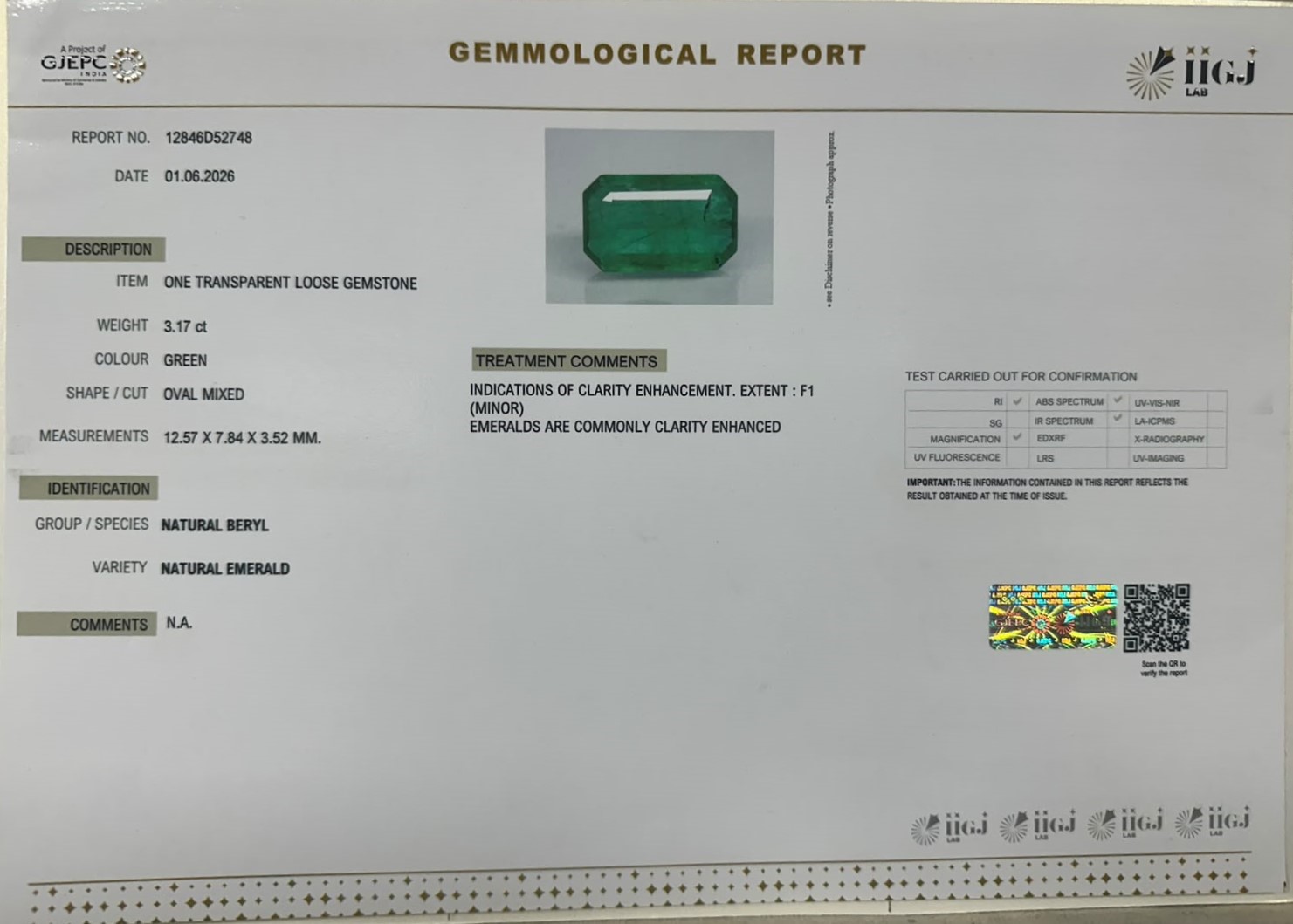 EMERALD 3.17 Ct. EMERALD 3.17 Ct.