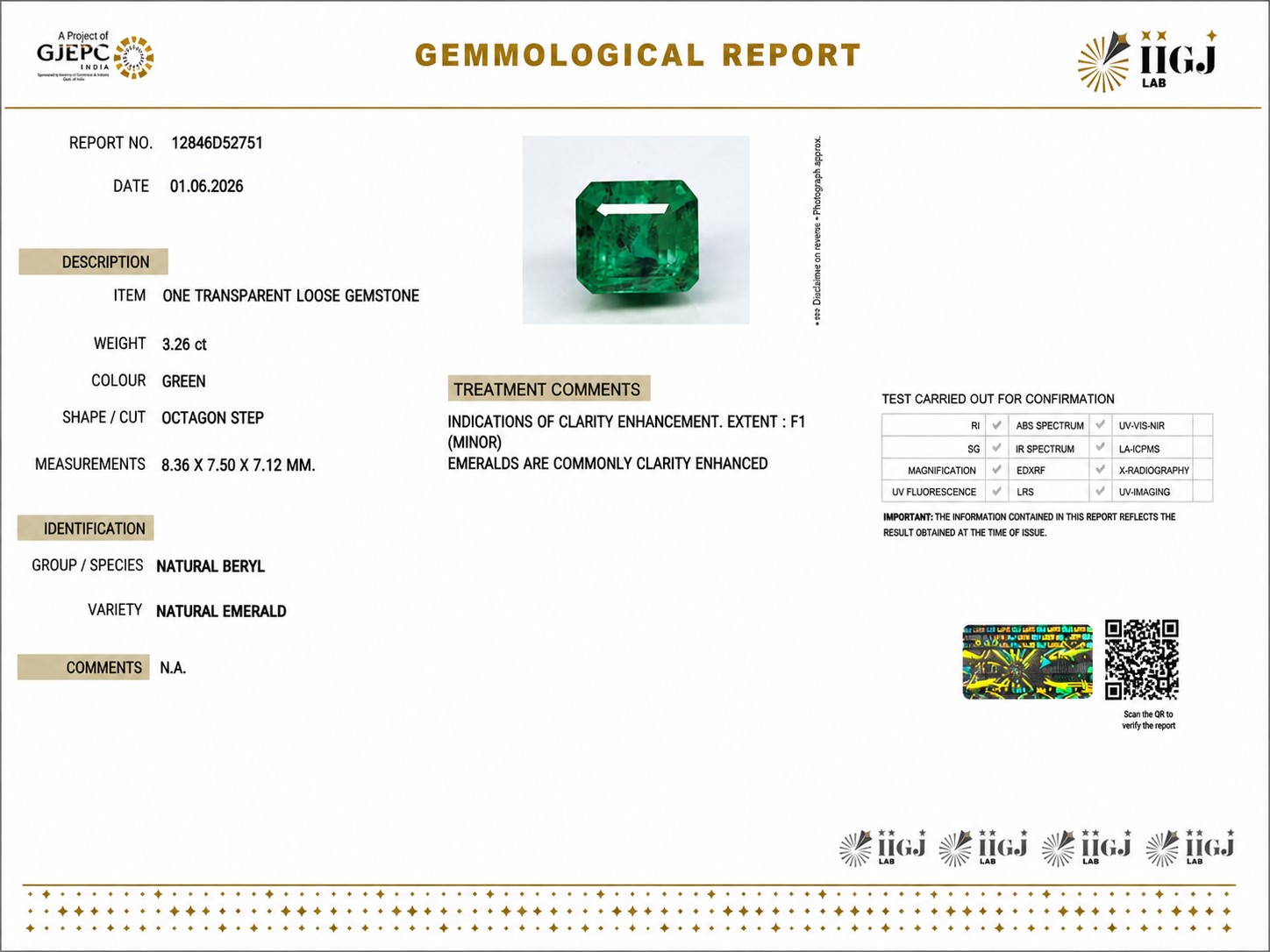EMERALD 3.26 Ct. EMERALD 3.26 Ct.