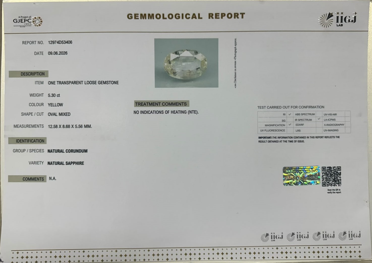 YELLOW SAPPHIRE 5.3 Ct.