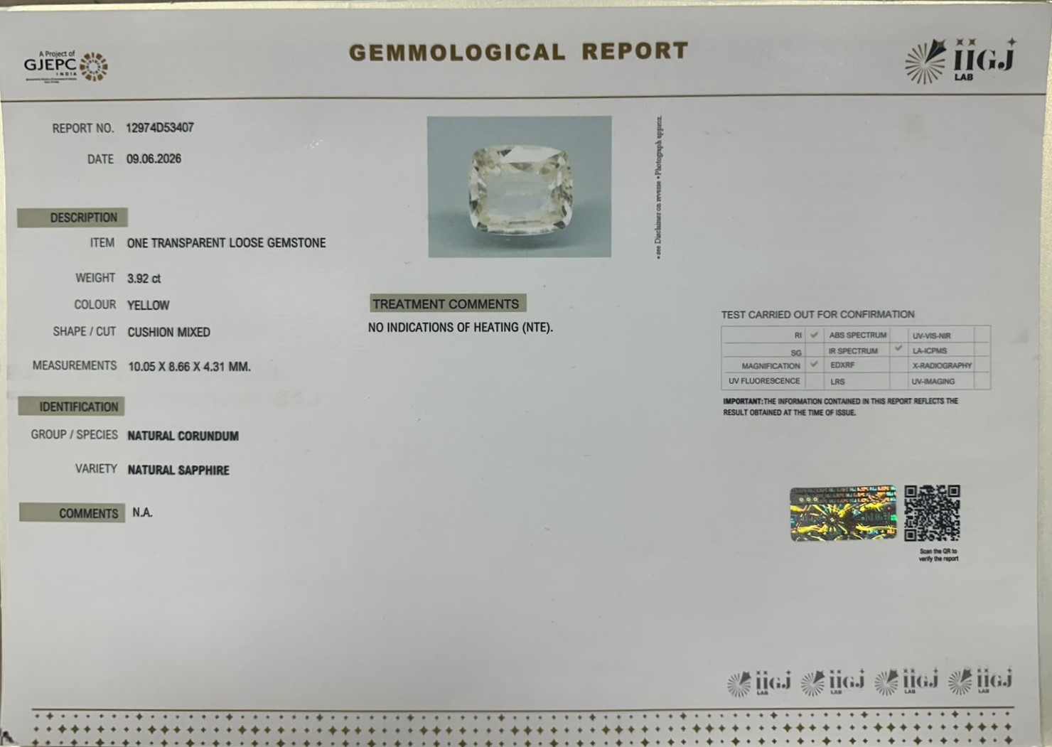 YELLOW SAPPHIRE 3.92 Ct.