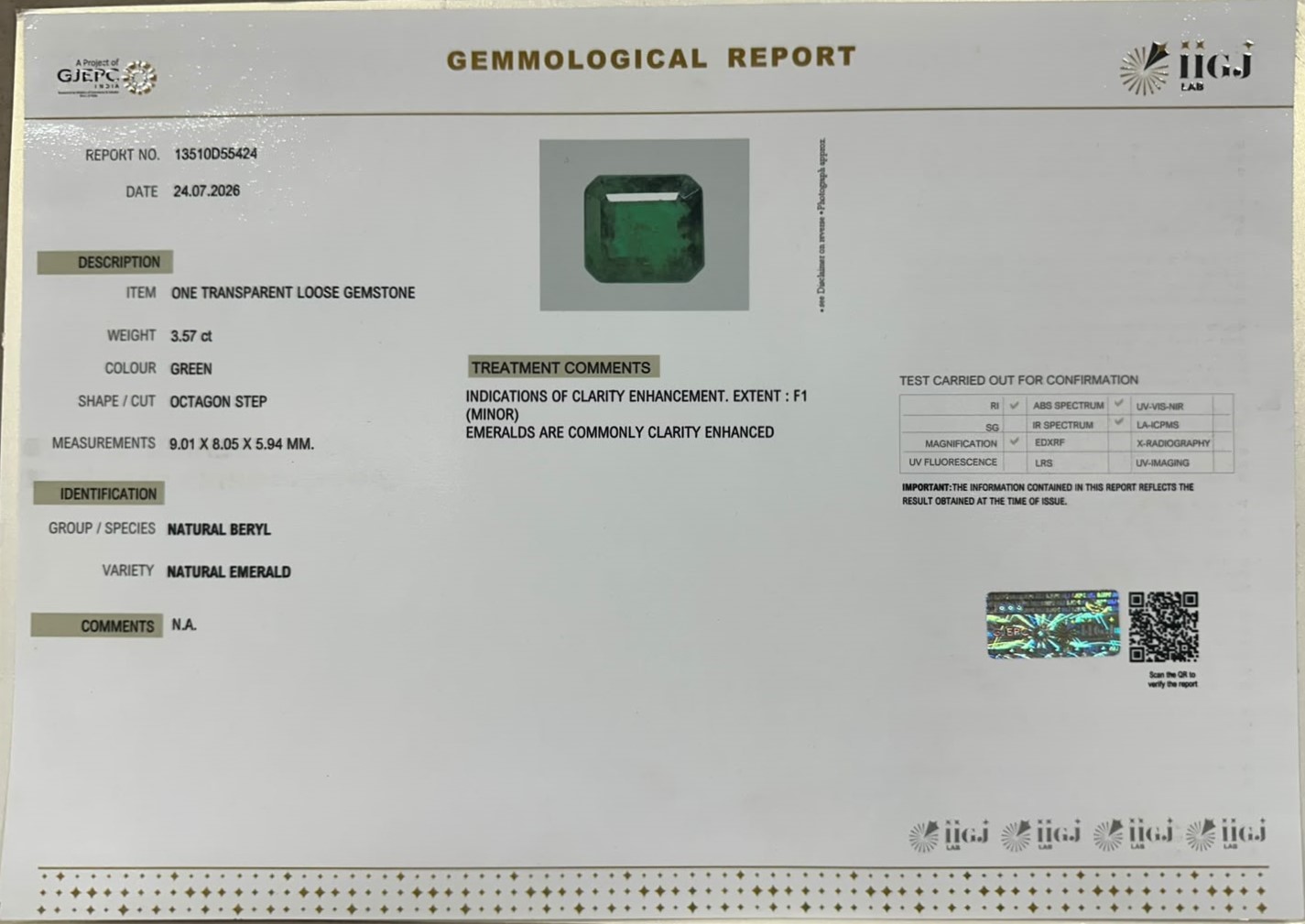 EMERALD 3.57 Ct.