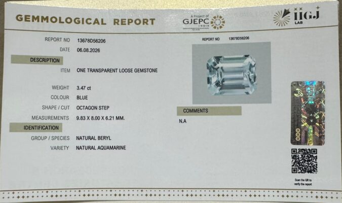 AQUAMARINE 3.47 Ct. AQUAMARINE 3.47 Ct.