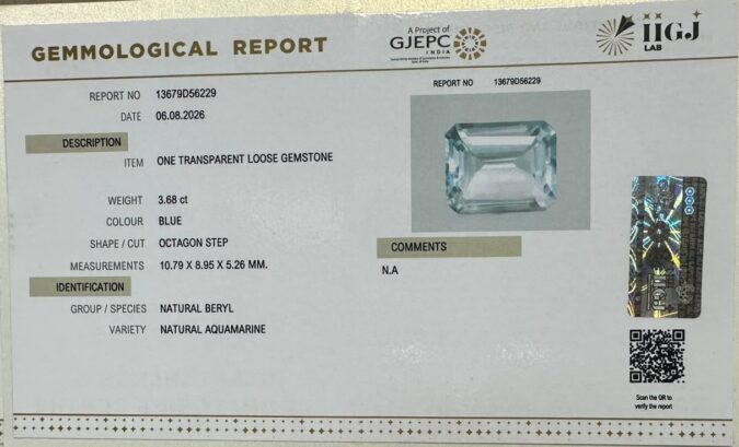 AQUAMARINE 3.68 Ct.