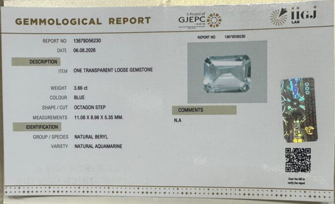 AQUAMARINE 3.66 Ct. AQUAMARINE 3.66 Ct.