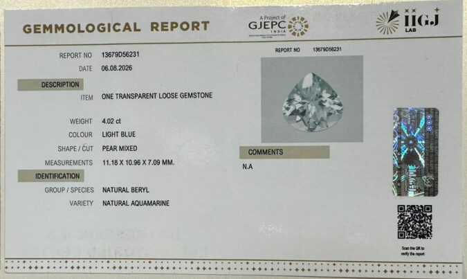 AQUAMARINE 4.02 Ct. AQUAMARINE 4.02 Ct.