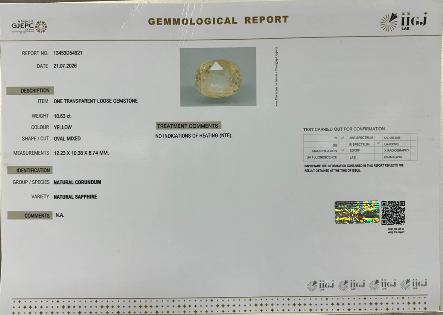 YELLOW SAPPHIRE 10.63 Ct. YELLOW SAPPHIRE 10.63 Ct.