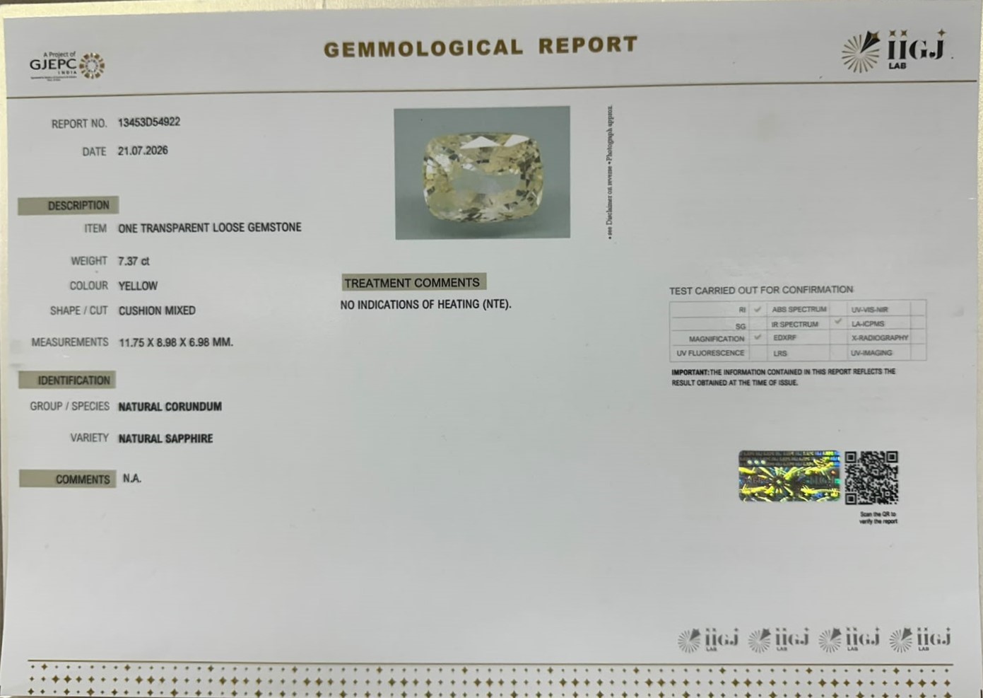 YELLOW SAPPHIRE 7.37 Ct.