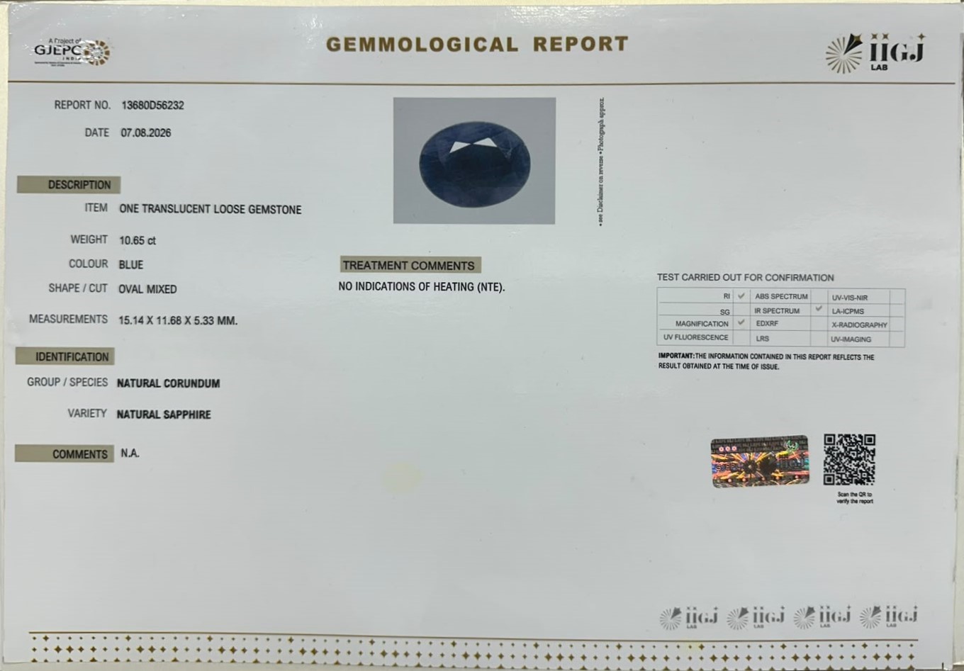 BLUE SAPPHIRE 10.65 Ct.