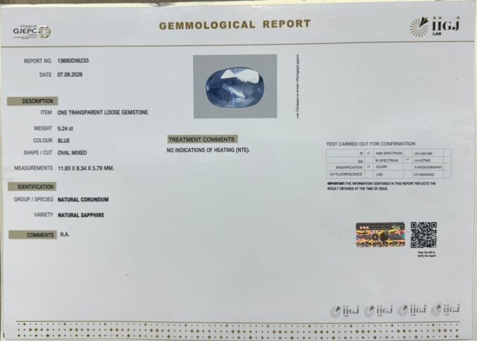 BLUE SAPPHIRE 5.24 Ct.