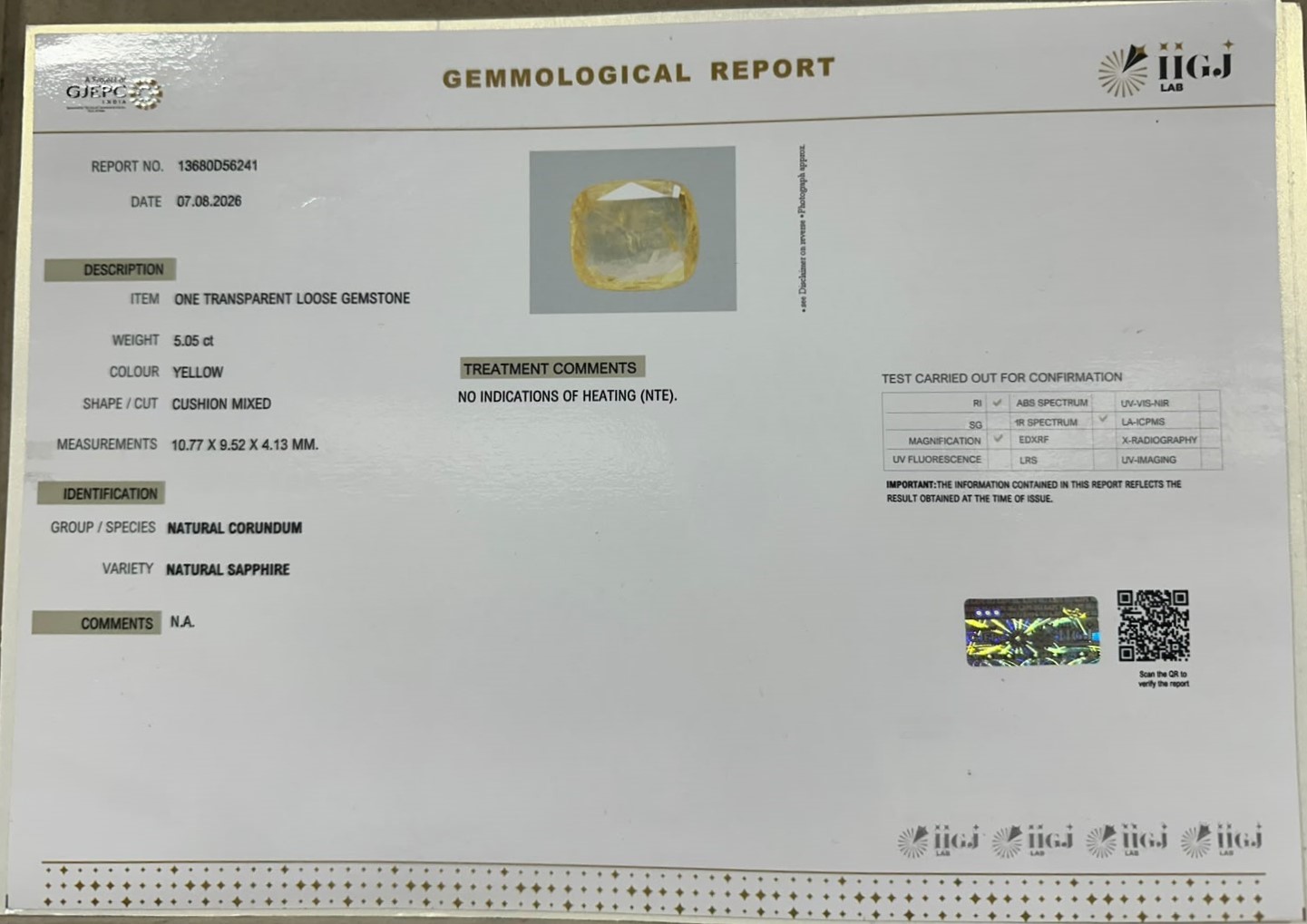 YELLOW SAPPHIRE 5.05 Ct.