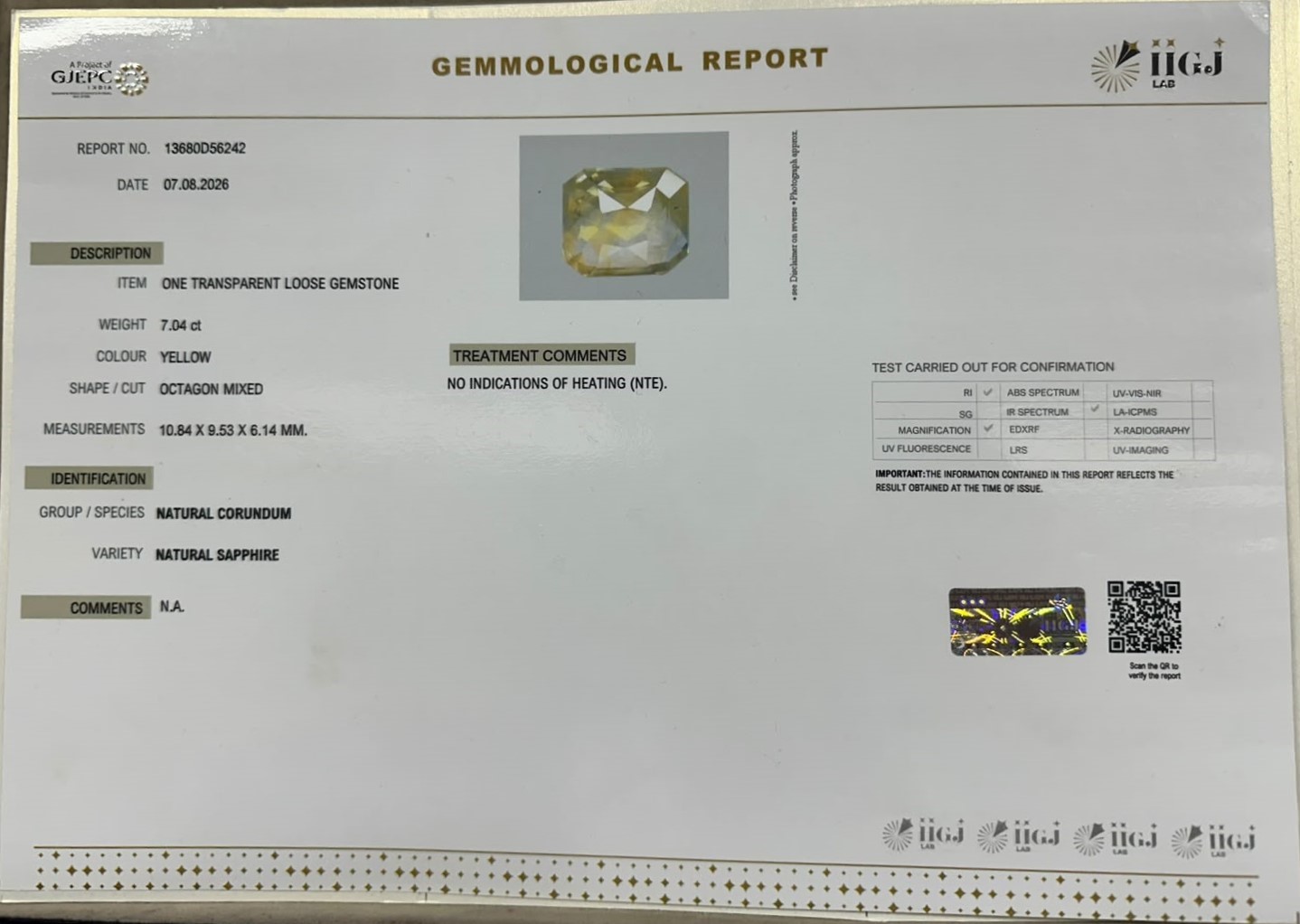 YELLOW SAPPHIRE 7.04 Ct.